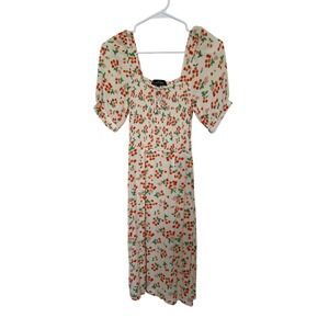 Floral Midi Dress Smocked Square Neck Short Sleeve Cherry Print‎ Summer
